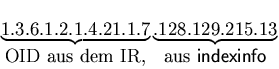 $\underbrace{1.3.6.1.2.1.4.21.1.7}_{\mbox{OID aus dem
IR,}}\underbrace{.128.129.215.13}_{\mbox{aus {\sf
indexinfo}}} $